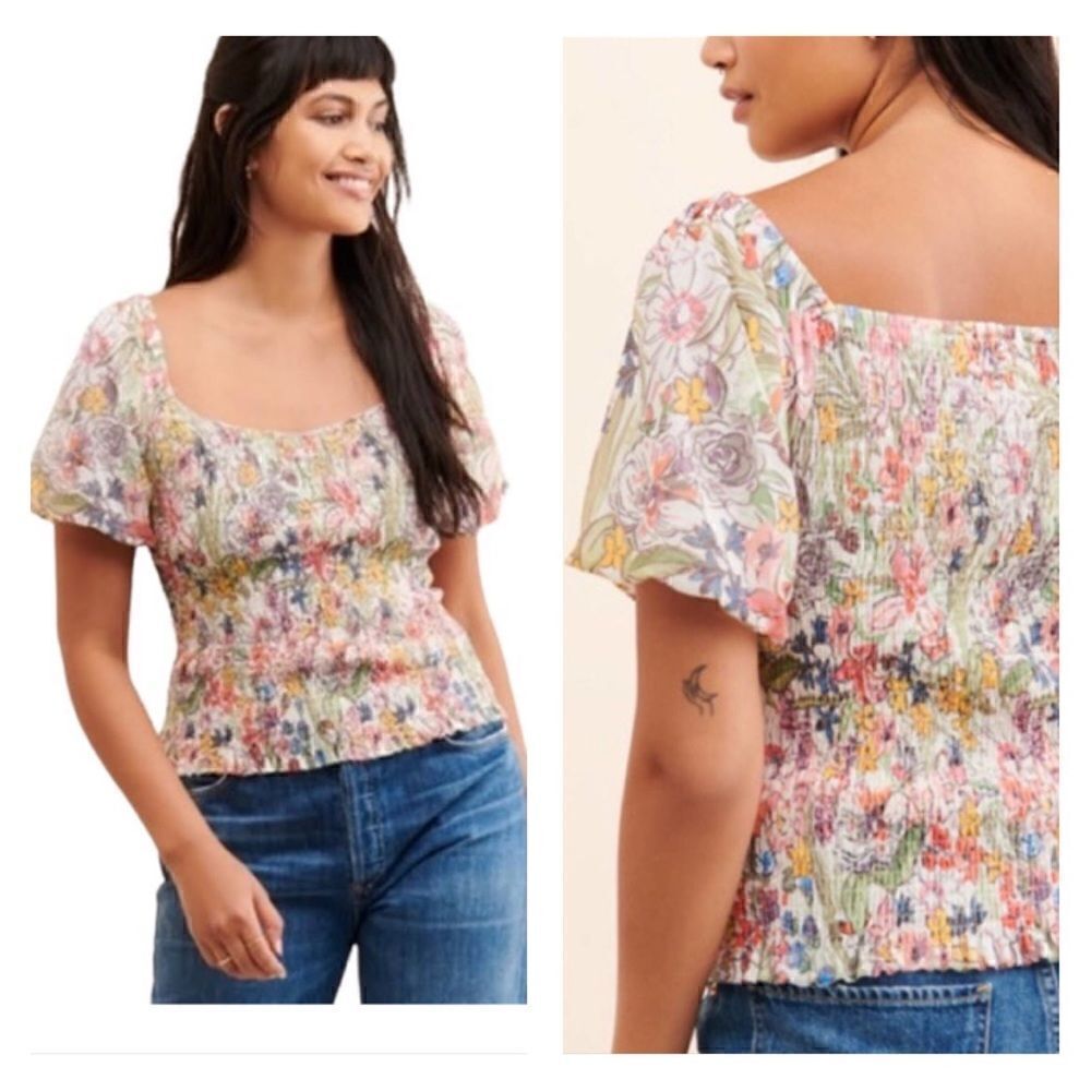 Anthropologie Aurelia floral puff sleeve smocked blouse XS